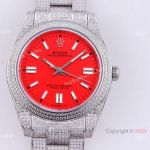 Swiss Quality Rolex Iced Out Oyster Perpetual 41 Copy Watch Coral Red Dial